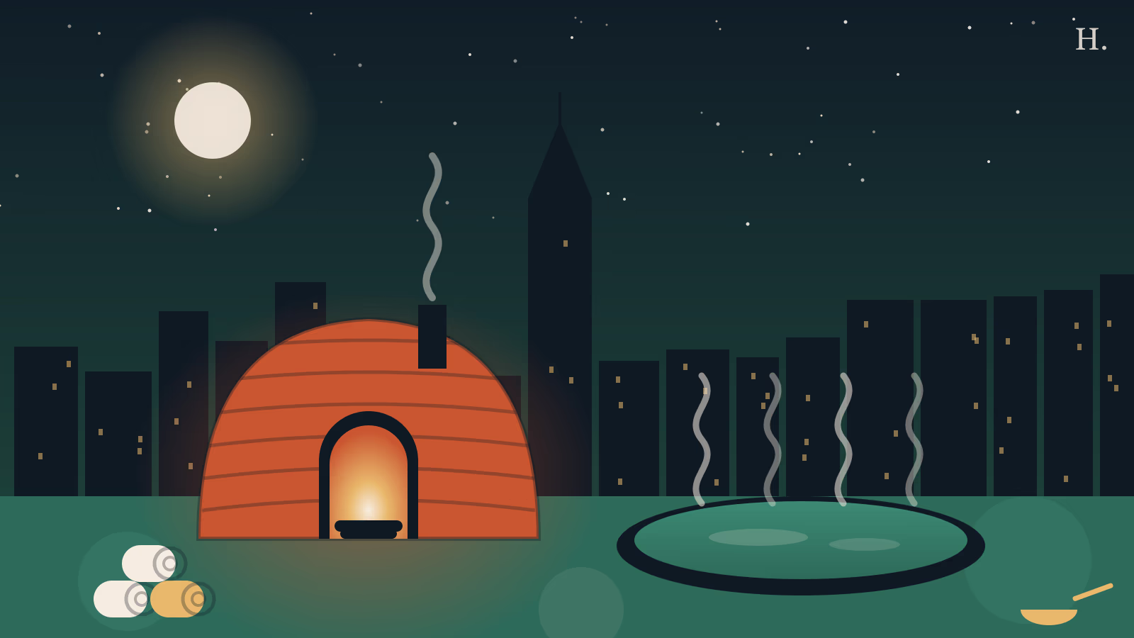 Illustrated korean spa houston scene with a glowing kiln sauna and steaming soaking pool