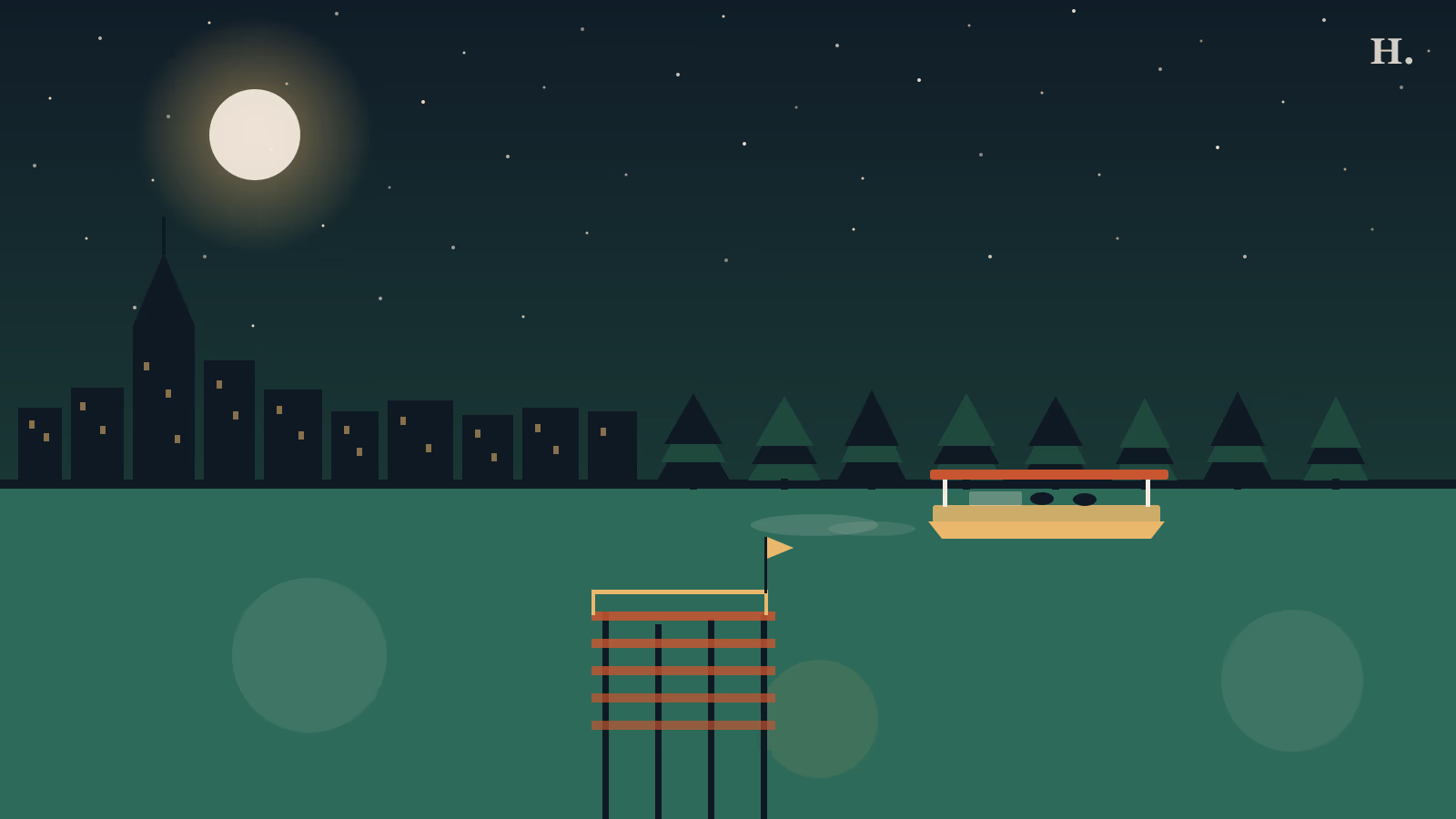 Lake Conroe guide illustration: pontoon boat on teal water with pine tree silhouette, dock with flag, Houston skyline, and night sky