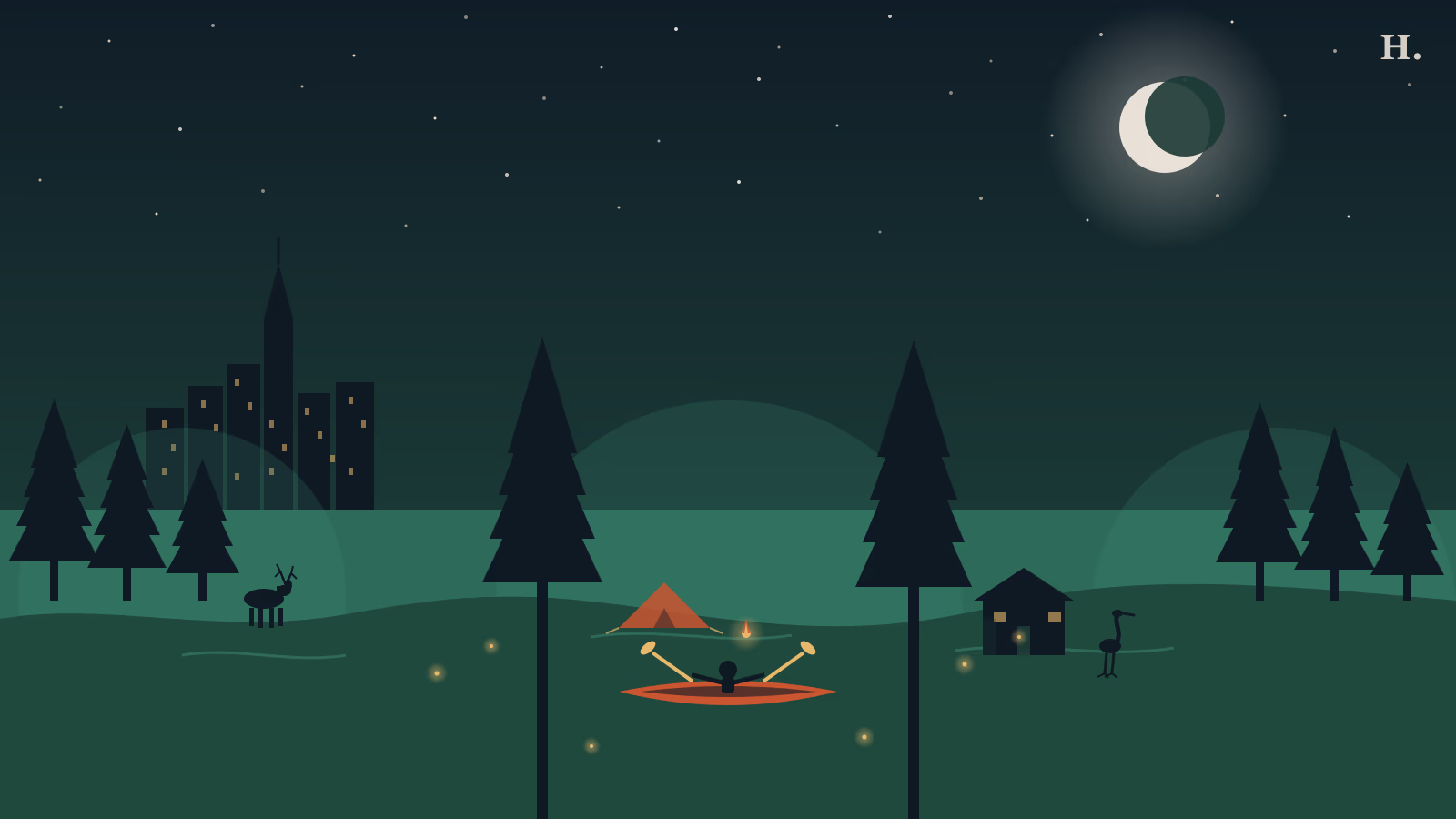 Lake Houston Wilderness Park night illustration with pine trees, creek and canoe under starry Houston sky