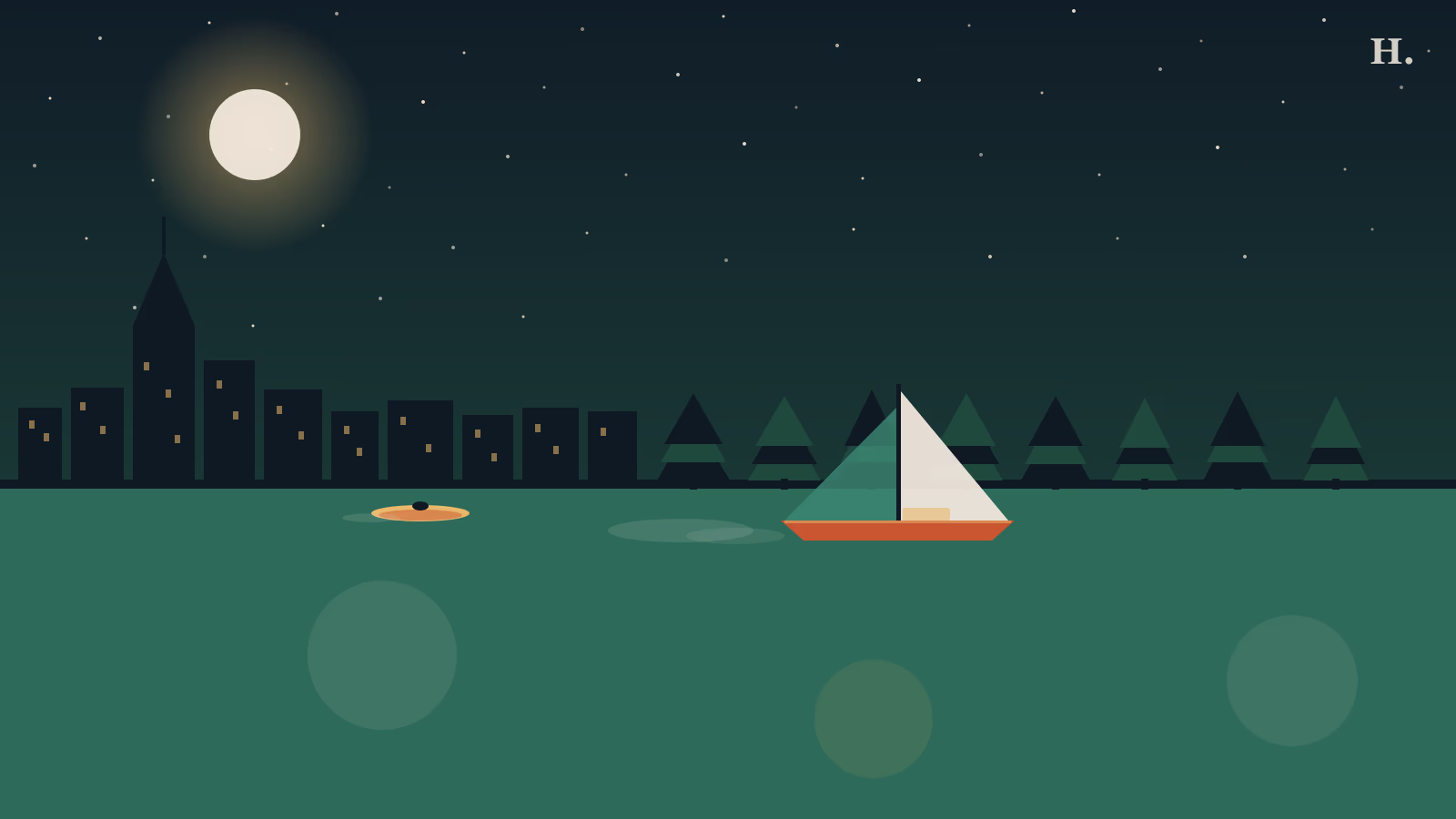 Lakes near Houston illustration: sailboat and kayak on a calm moonlit lake with pine trees and the Houston skyline
