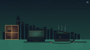 Late-night coffee shop Houston illustration: steaming coffee cup, laptop glow and city skyline
