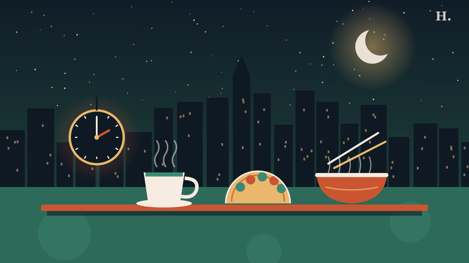 Illustration of late night food in Houston: diner coffee cup, taco and noodle bowl under a moonlit skyline