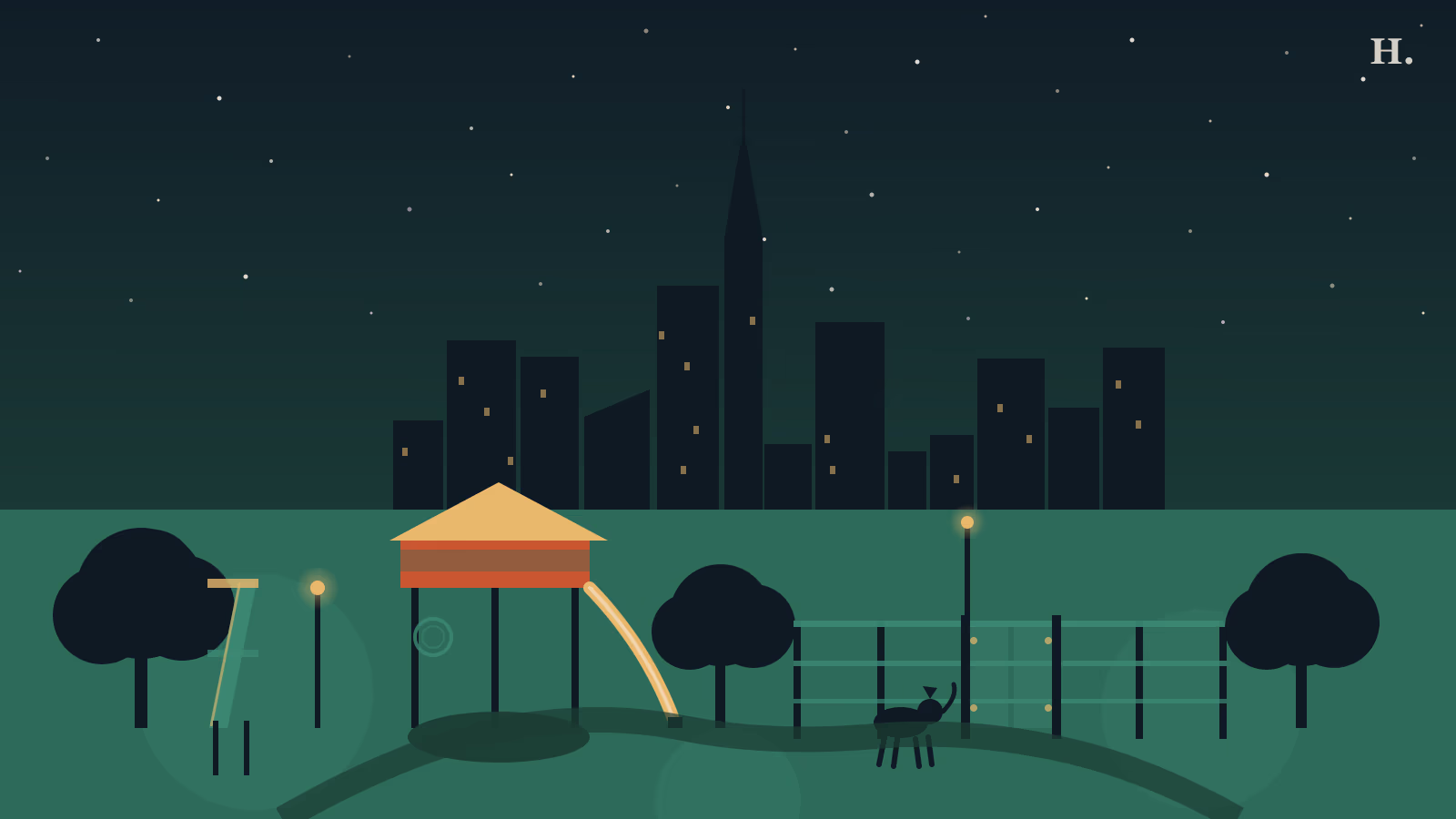 Levy Park Houston illustration: treehouse playground, live oak trees and dog park in Upper Kirby at dusk