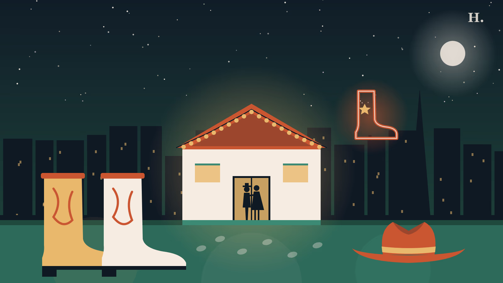 Line dancing Houston illustration: cowboy boots, a neon boot sign and a dance hall at night