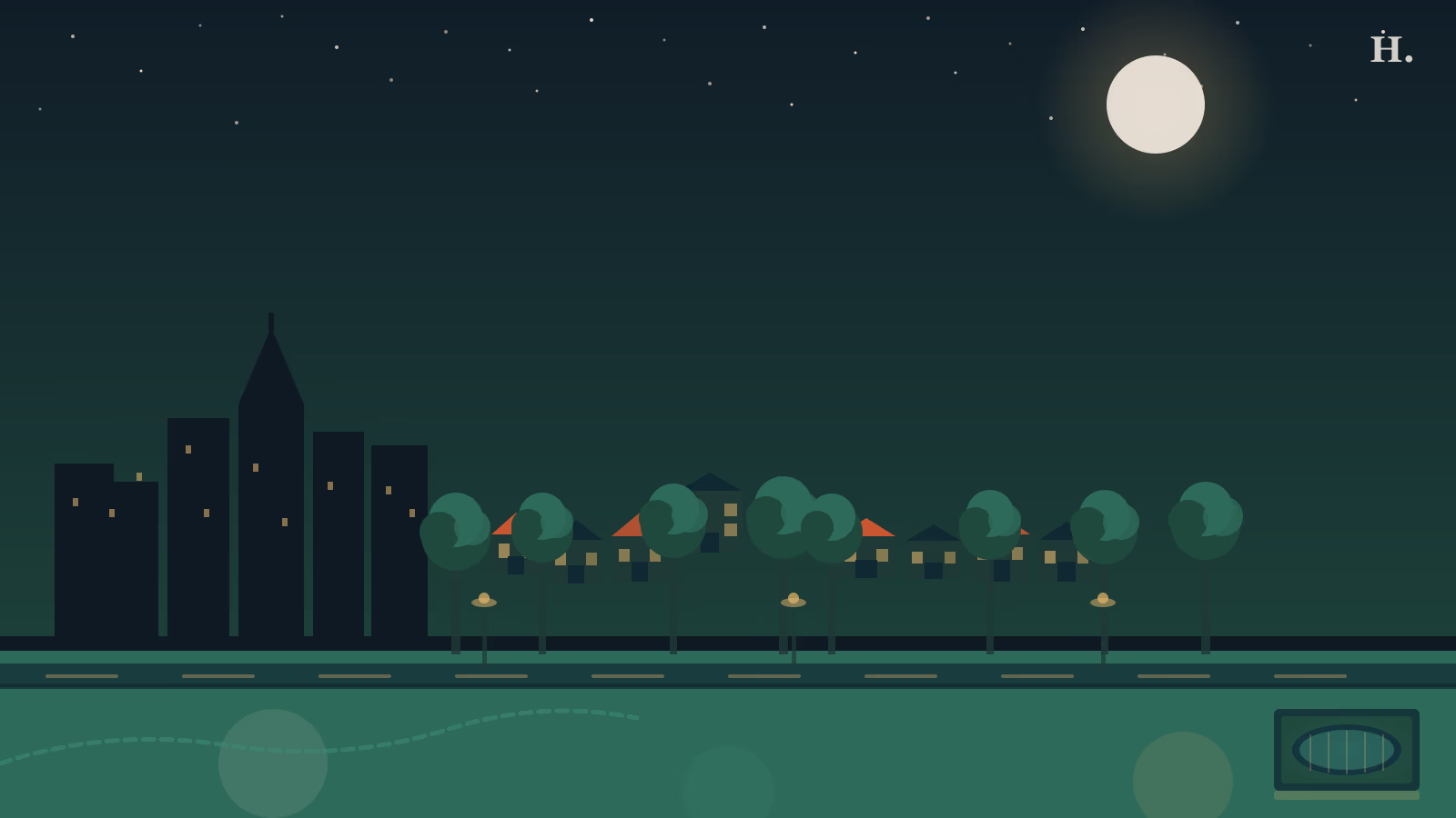 Briargrove Houston neighborhood illustration: tree-lined suburban street, ranch homes, pool and a distant downtown skyline at dusk
