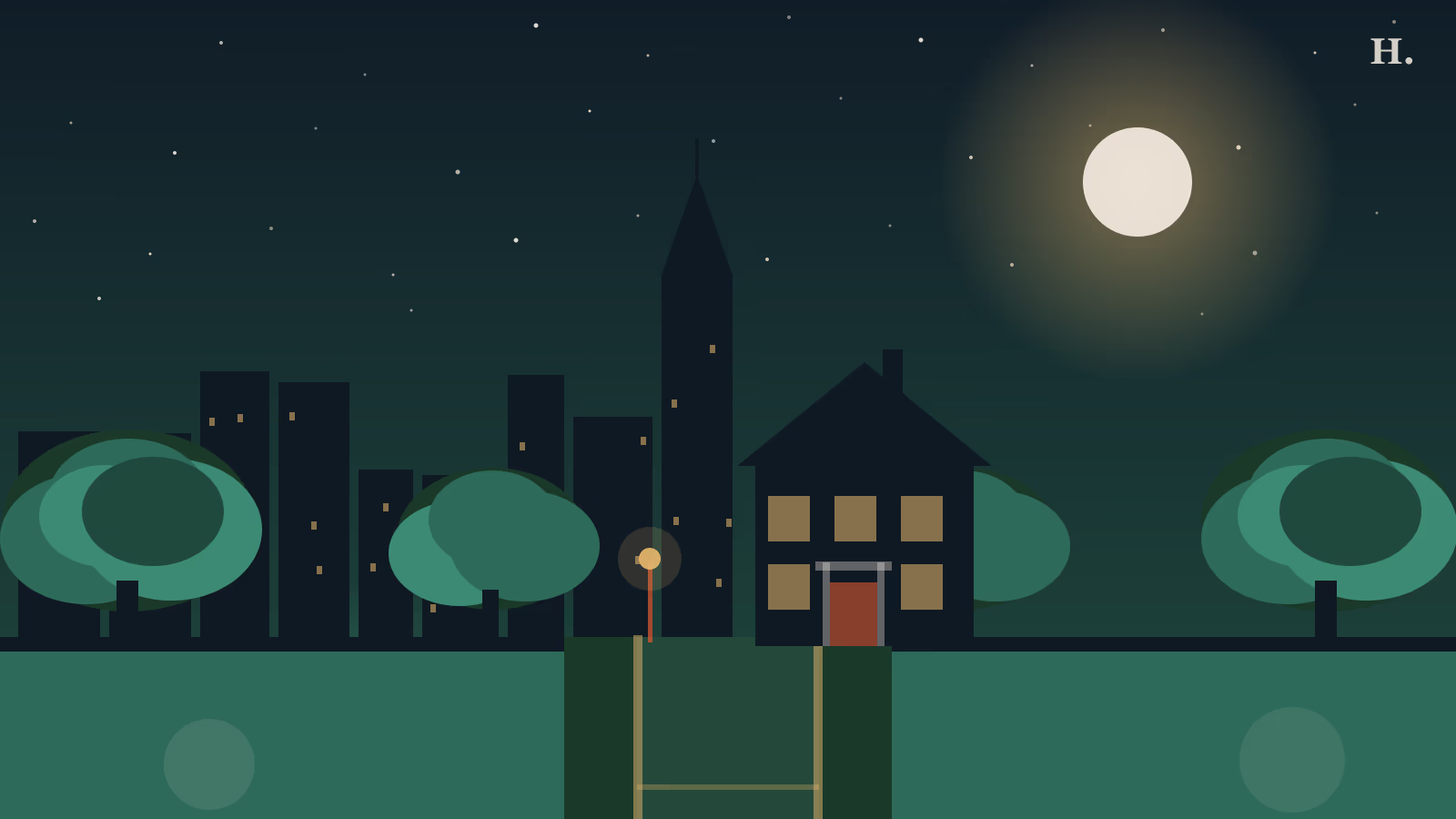 Tanglewood Houston neighborhood guide illustration: live oak esplanade boulevard and classic brick homes at night