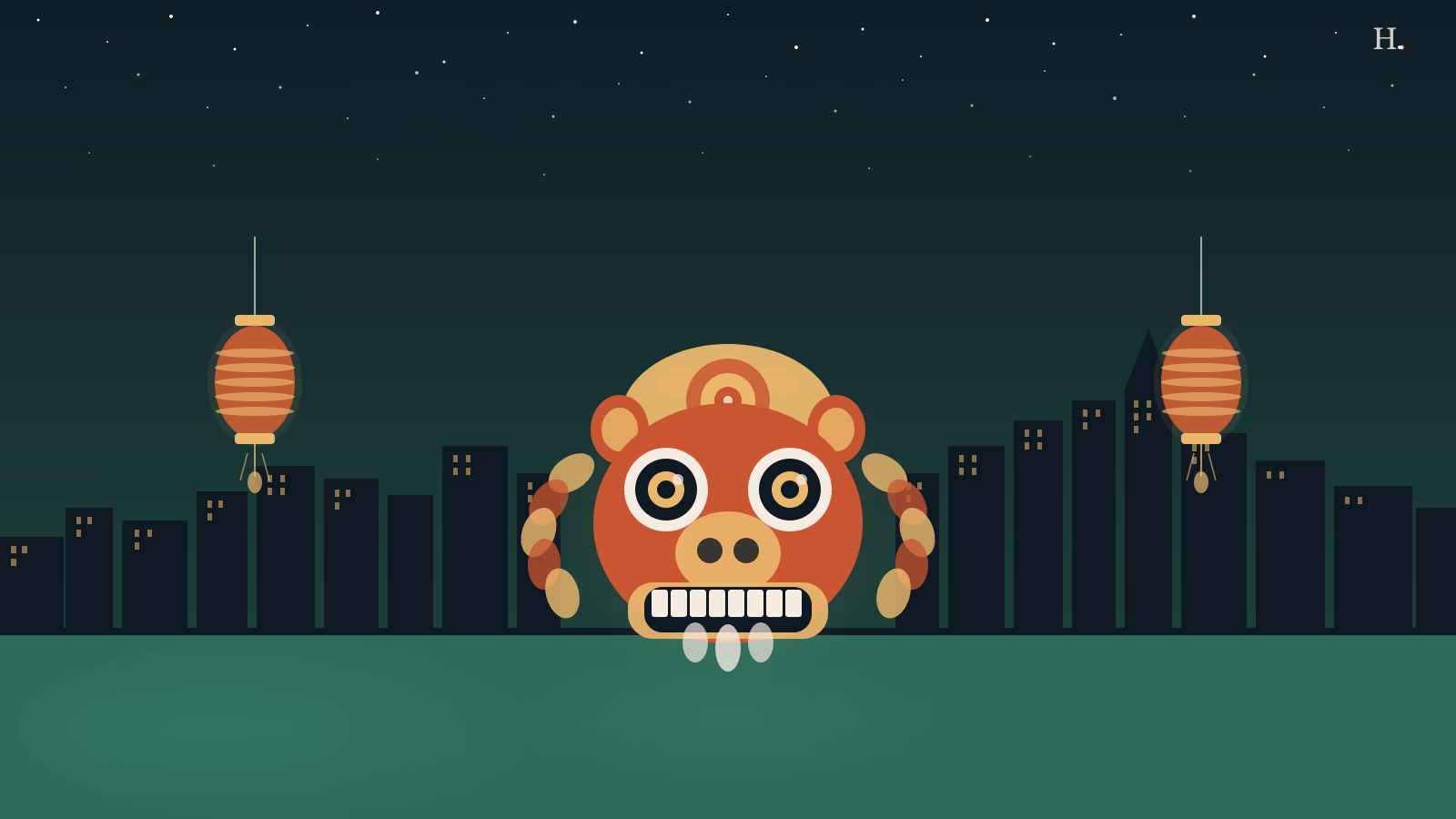 Lunar New Year in Houston illustration: lion dance head with lanterns and city skyline at night
