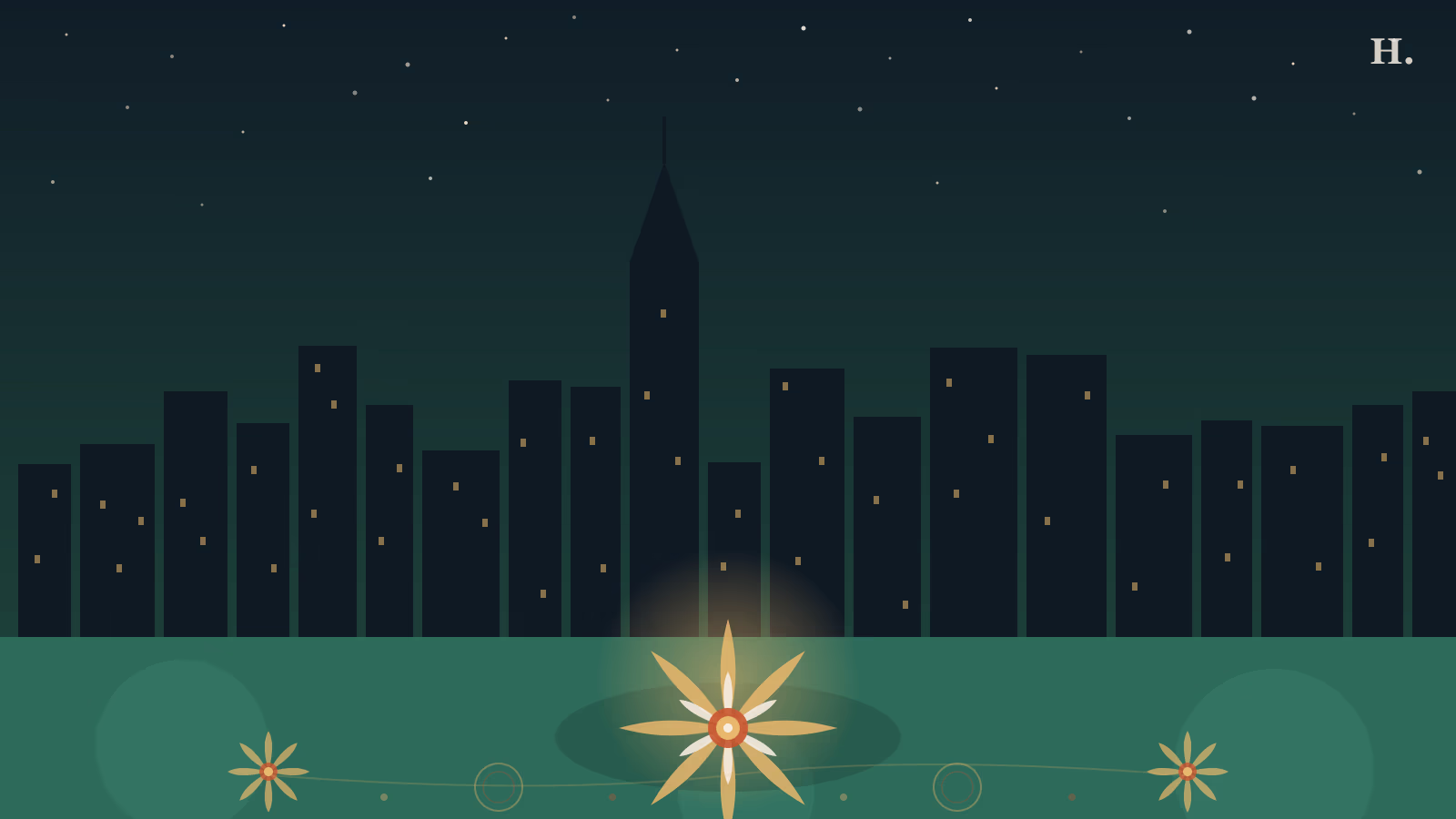 Mahatma Gandhi District Houston illustration: golden lotus flowers over Houston skyline at night
