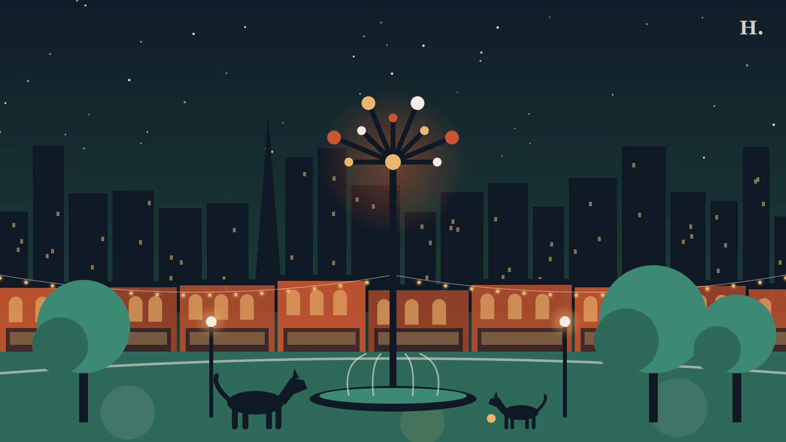 Market Square Park Houston illustration with sculpture, fountain, dogs and historic storefronts at night