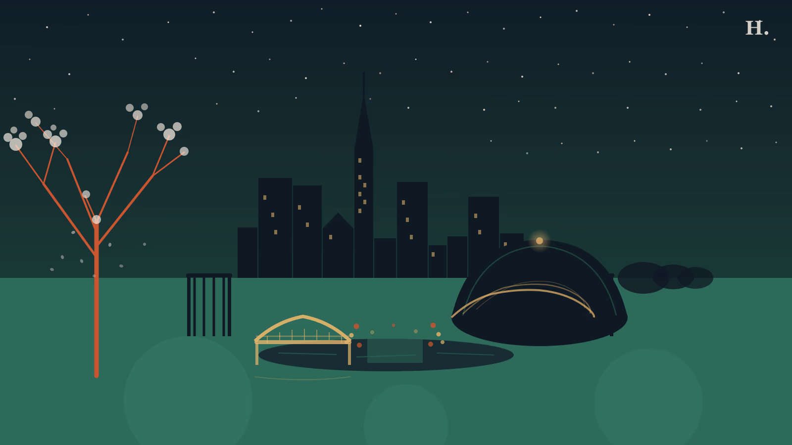 McGovern Centennial Gardens illustration: spiral garden mount, cherry blossom tree and arched bridge at night with Houston skyline