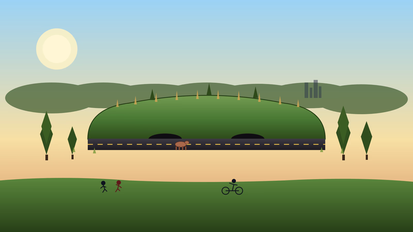 Kinder Land Bridge over Memorial Drive prairie joggers cyclist and pine trees illustrating Memorial Park Houston visitor guide