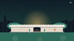 Menil Collection campus illustration: Piano leaf-roof building, live oaks and neon gallery glow
