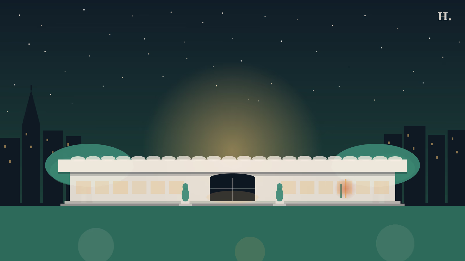 Menil Collection campus illustration: Piano leaf-roof building, live oaks and neon gallery glow