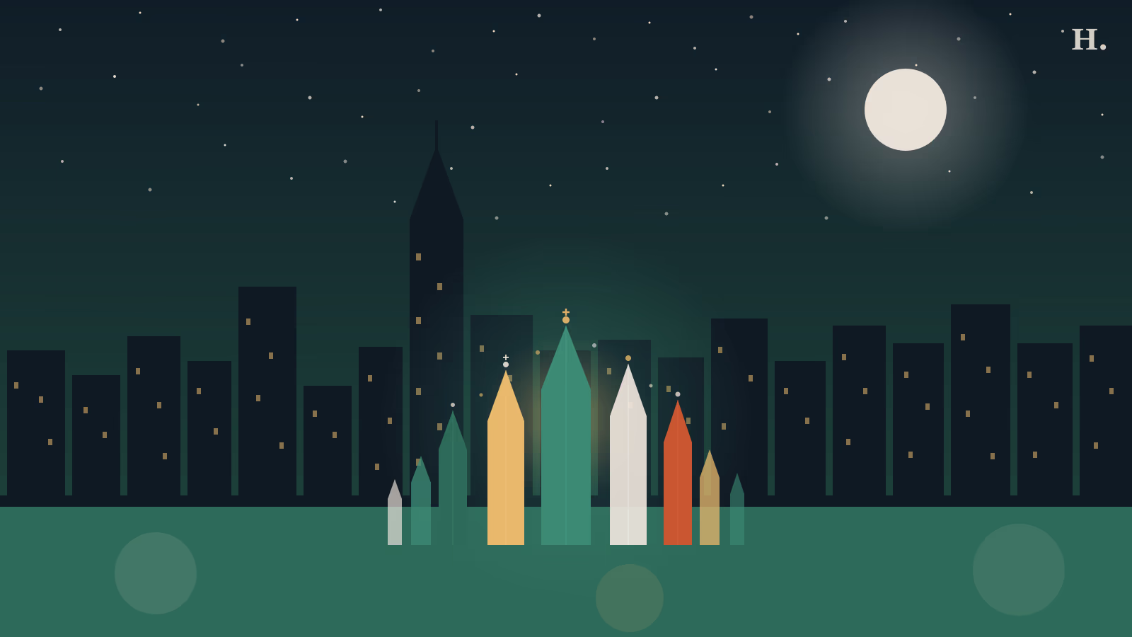 Crystal shops Houston illustration: glowing crystal formations with Houston skyline at night