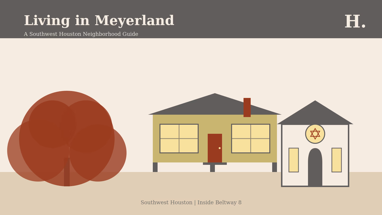 Illustrated guide to Meyerland Houston featuring a mid-century ranch home, oak tree canopy, and synagogue with Star of David.