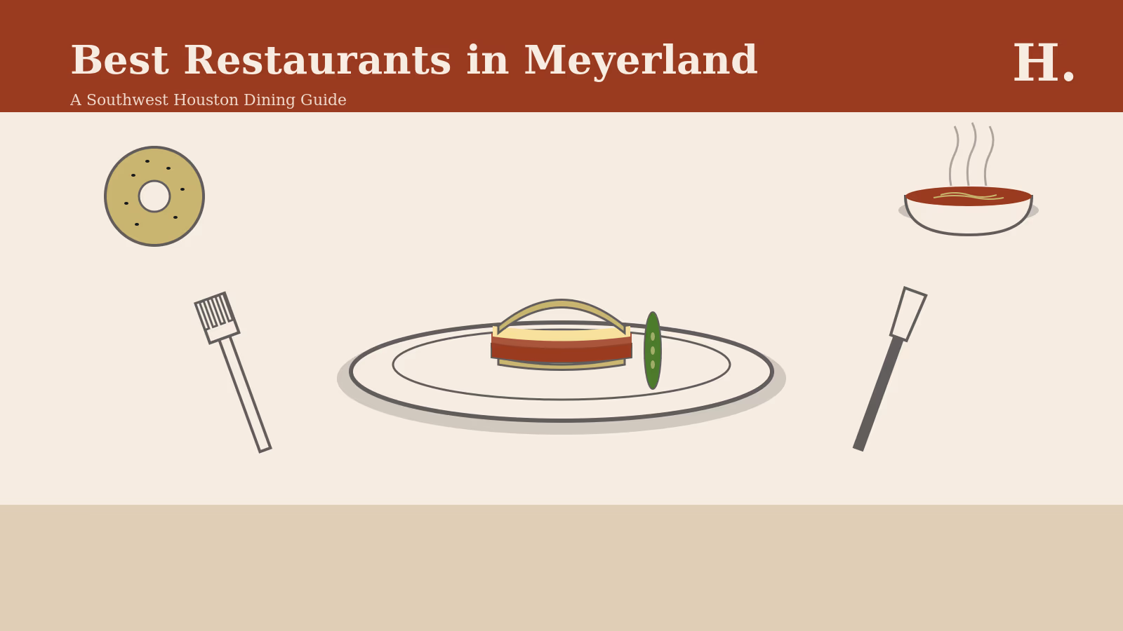 Illustration of Meyerland Houston restaurants featuring a Jewish deli sandwich on a plate, bagel, pho bowl, and dining utensils.