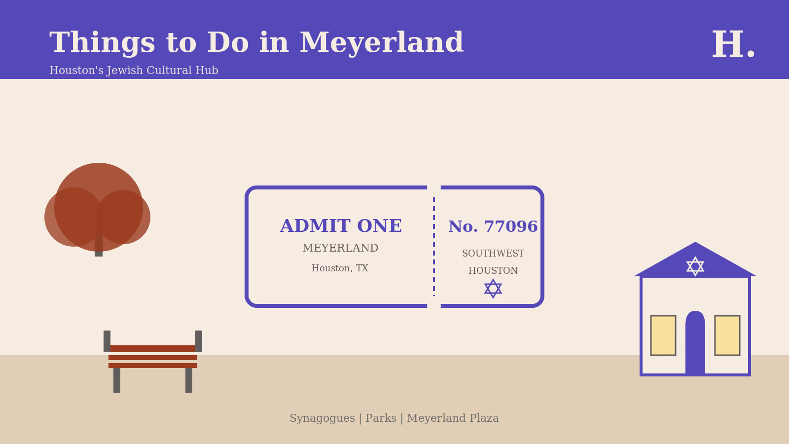 Illustrated ticket motif for things to do in Meyerland Houston with a synagogue, park bench, and oak tree.
