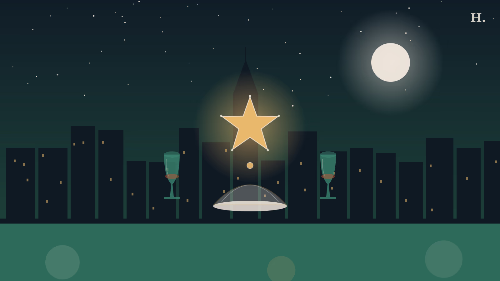 Houston Michelin Guide restaurants illustration: gold five-pointed star, covered plate and night skyline