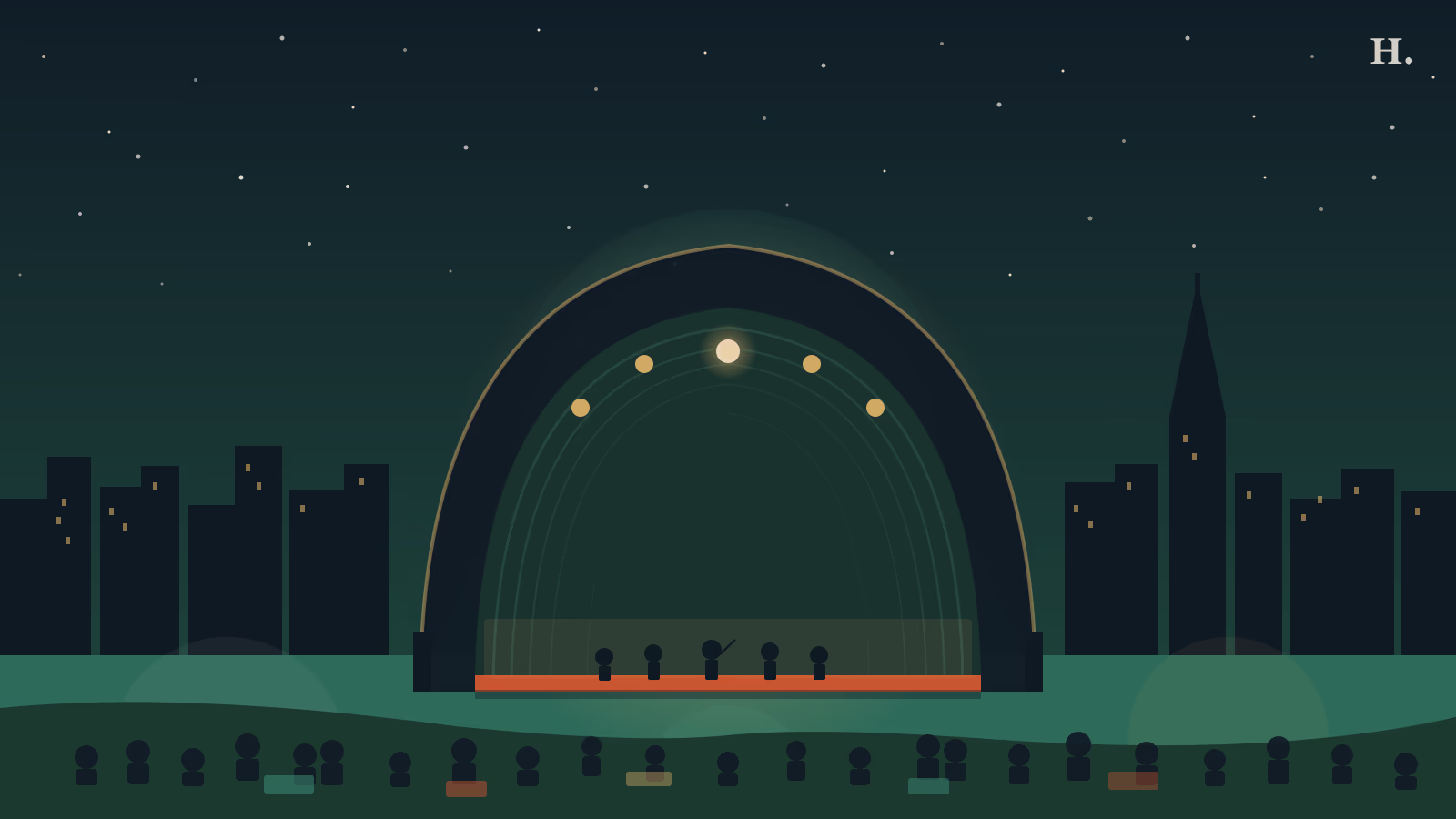 Miller Outdoor Theatre Houston illustration: band shell pavilion with audience on a night-lit hill in Hermann Park