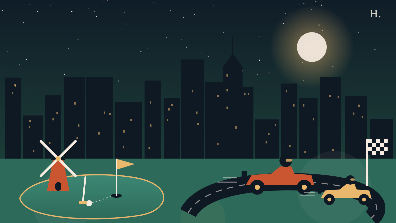 Mini golf Houston illustration: windmill putting green, go-karts racing and the downtown skyline at night