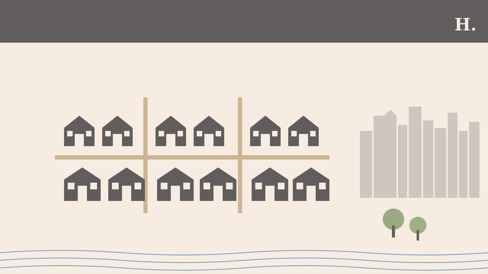 Illustration of Missouri City TX Houston suburb traditional family homes with distant skyline
