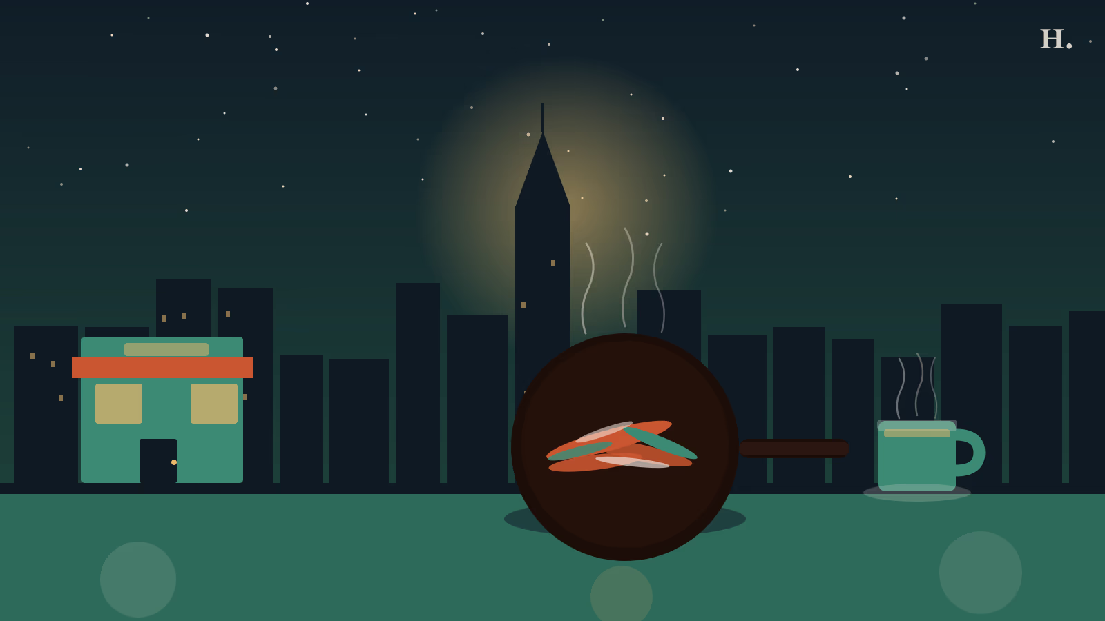 Houston night skyline with cast iron skillet, sizzling fajitas, and a mom-and-pop restaurant storefront