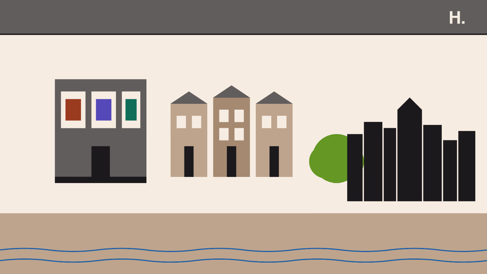 Illustrated Montrose Houston neighborhood guide hero with art gallery, townhomes, and Downtown skyline