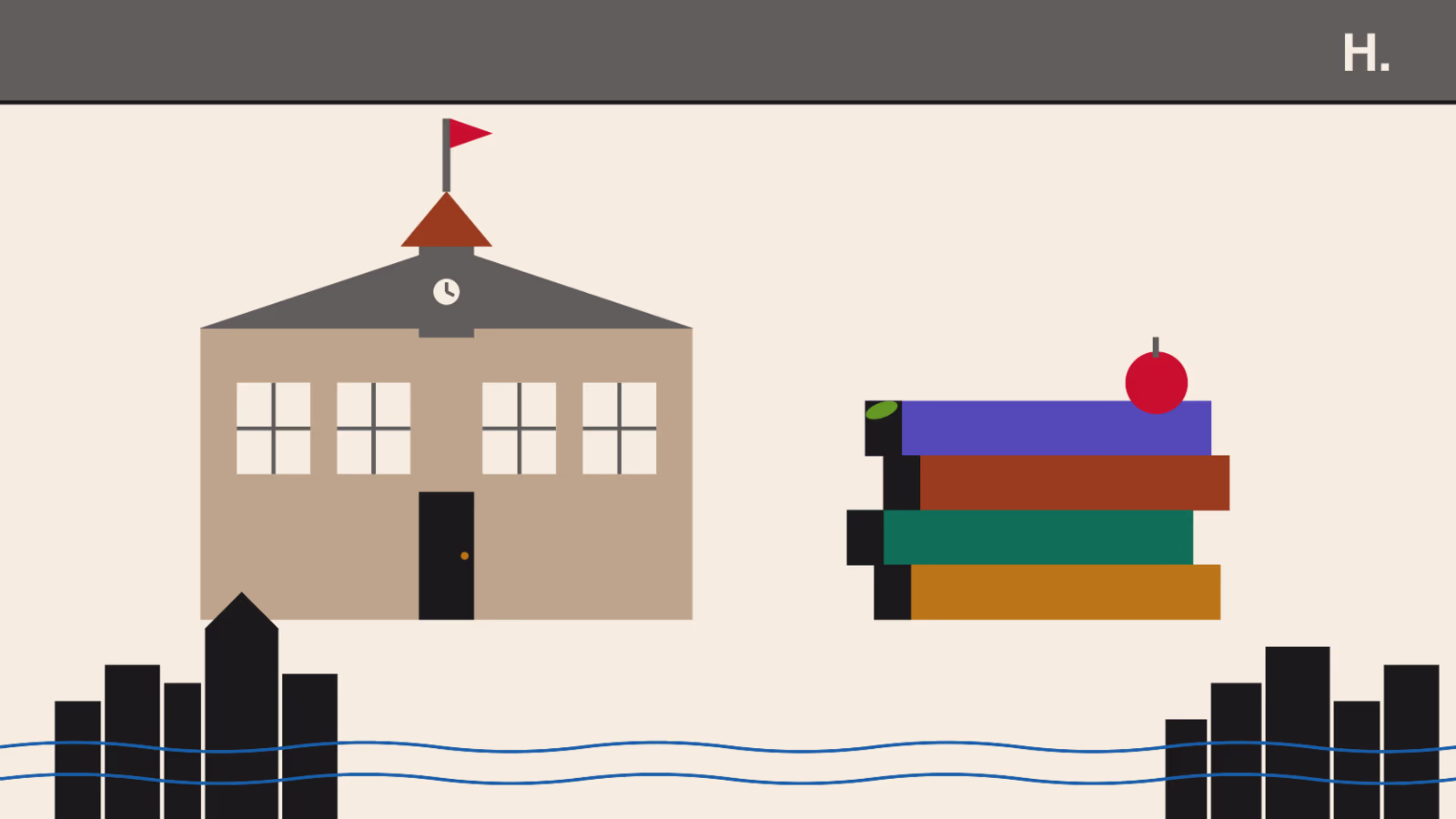 Schools in Montrose Houston illustration with school building, books, and red apple