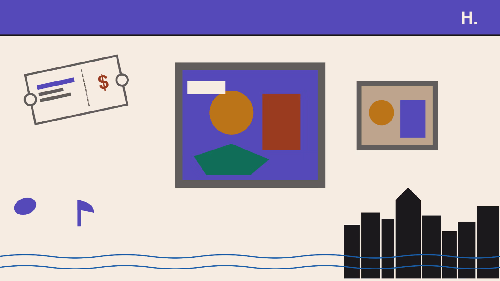 Things to do in Montrose Houston illustration with art frame, concert ticket, and music note