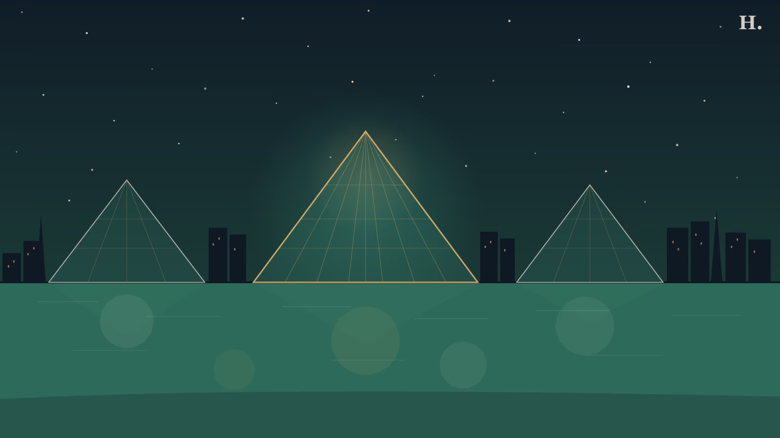 Moody Gardens Galveston: three glass pyramids rising above water under a night sky with the Houston skyline behind