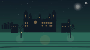 Moody Mansion Galveston illustration: Victorian turret silhouette on a night-sky Broadway Avenue