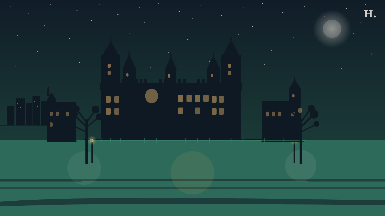 Moody Mansion Galveston illustration: Victorian turret silhouette on a night-sky Broadway Avenue