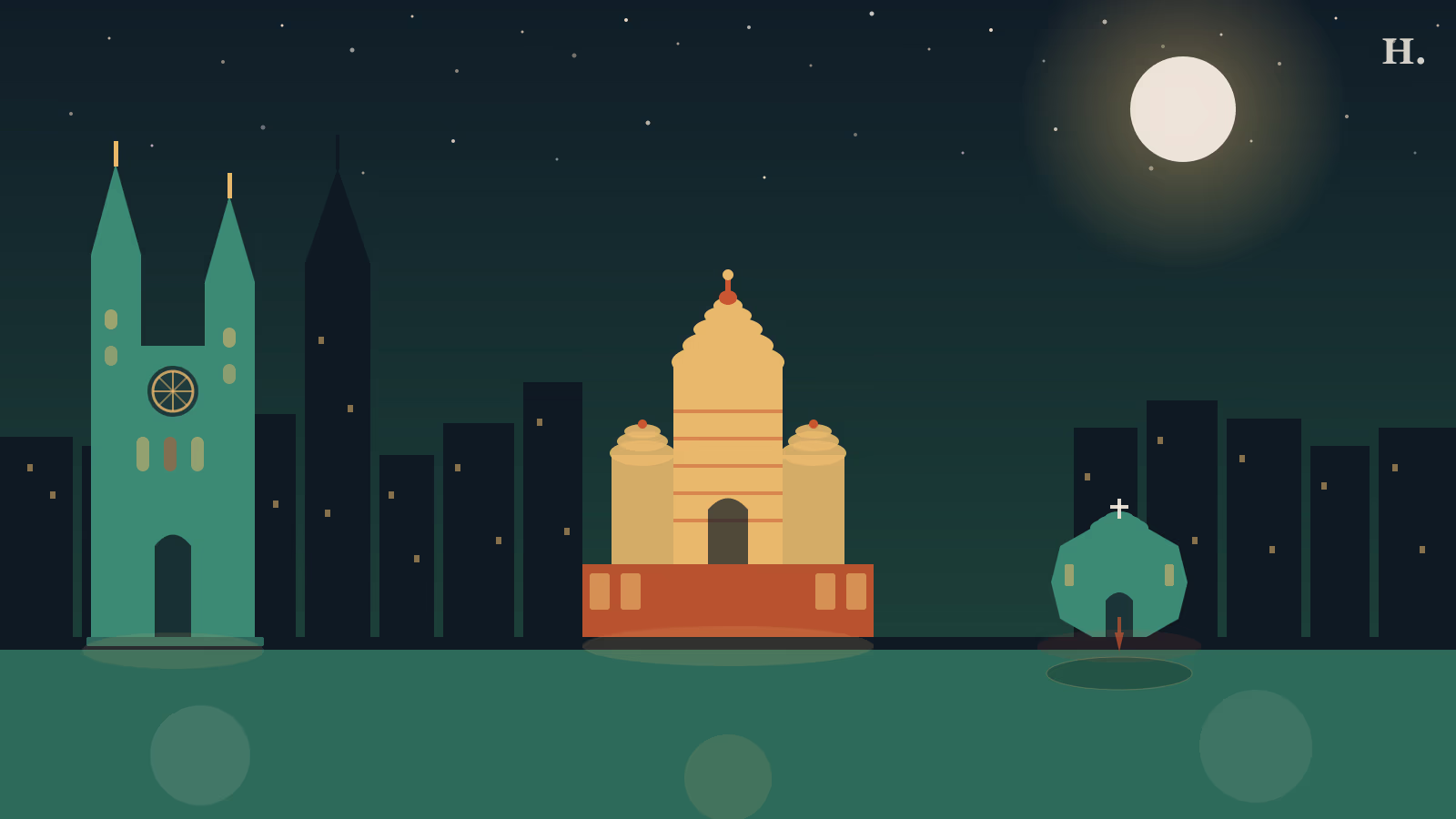 Beautiful churches Houston illustration: cathedral spire, Hindu mandir dome and chapel at night over Houston skyline