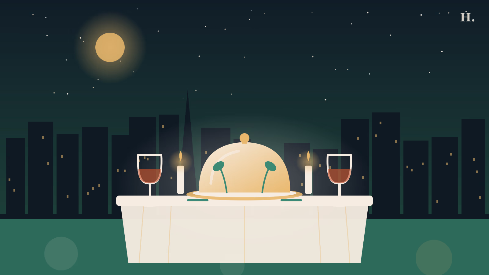 Aesthetic restaurants Houston illustration: wine glasses and silver dome on elegant dining table against night skyline