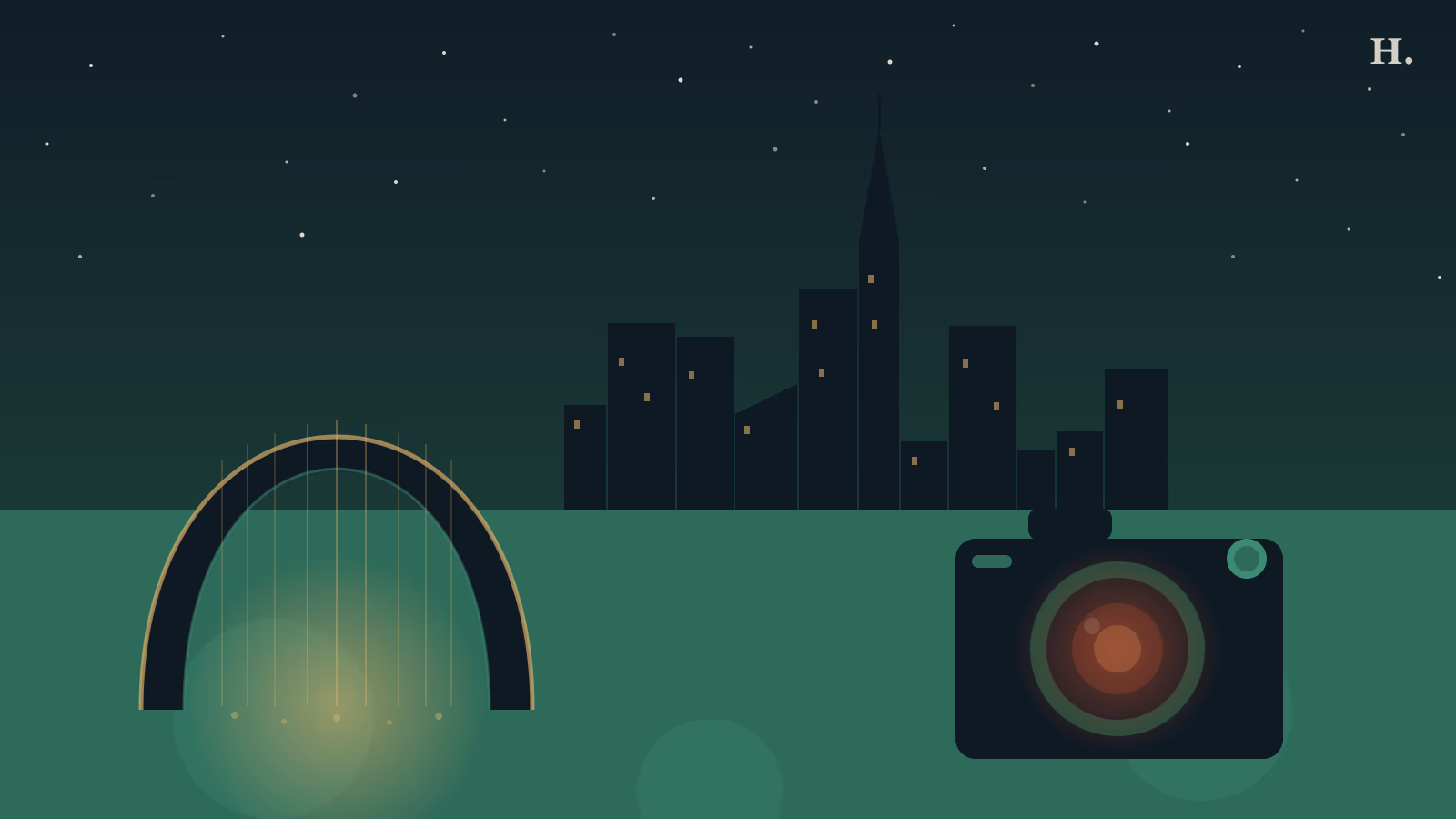 Most instagrammable places in Houston illustration: Waterwall horseshoe arch with gold water streams and a camera against the Houston night skyline