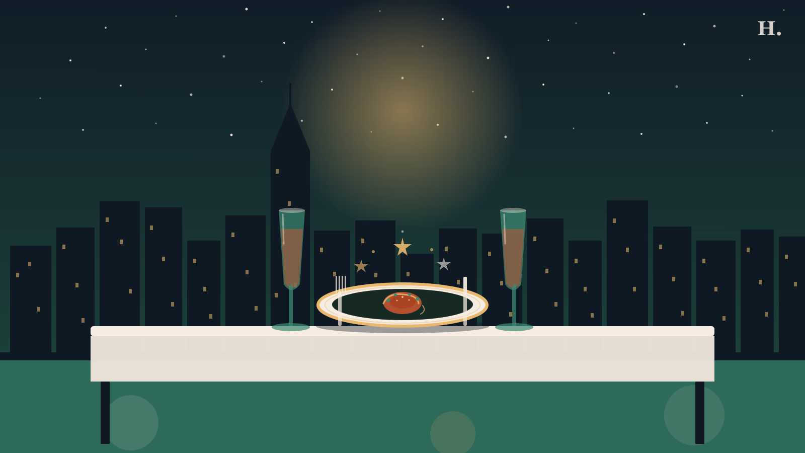 Instagrammable restaurants Houston: plated dish and wine glasses on a candlelit table with city skyline at night