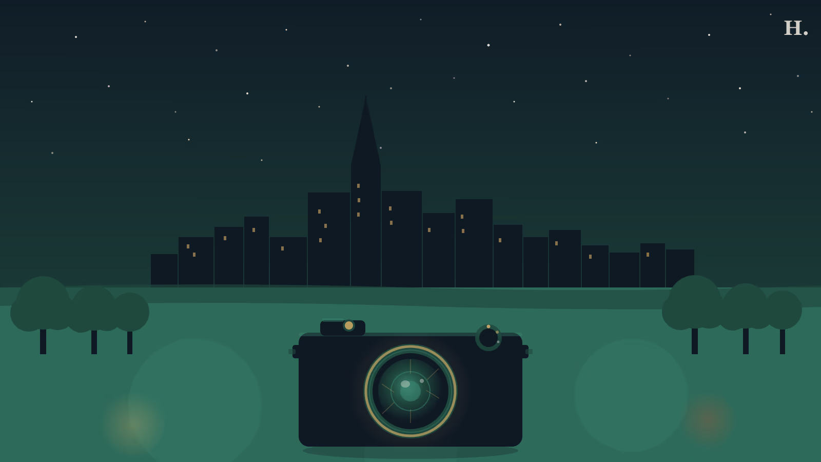 Photo spots Houston illustration: camera in foreground with downtown skyline silhouette, bayou and park trees