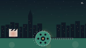 Movies filmed in Houston illustration: film reel and clapperboard against the city skyline at night