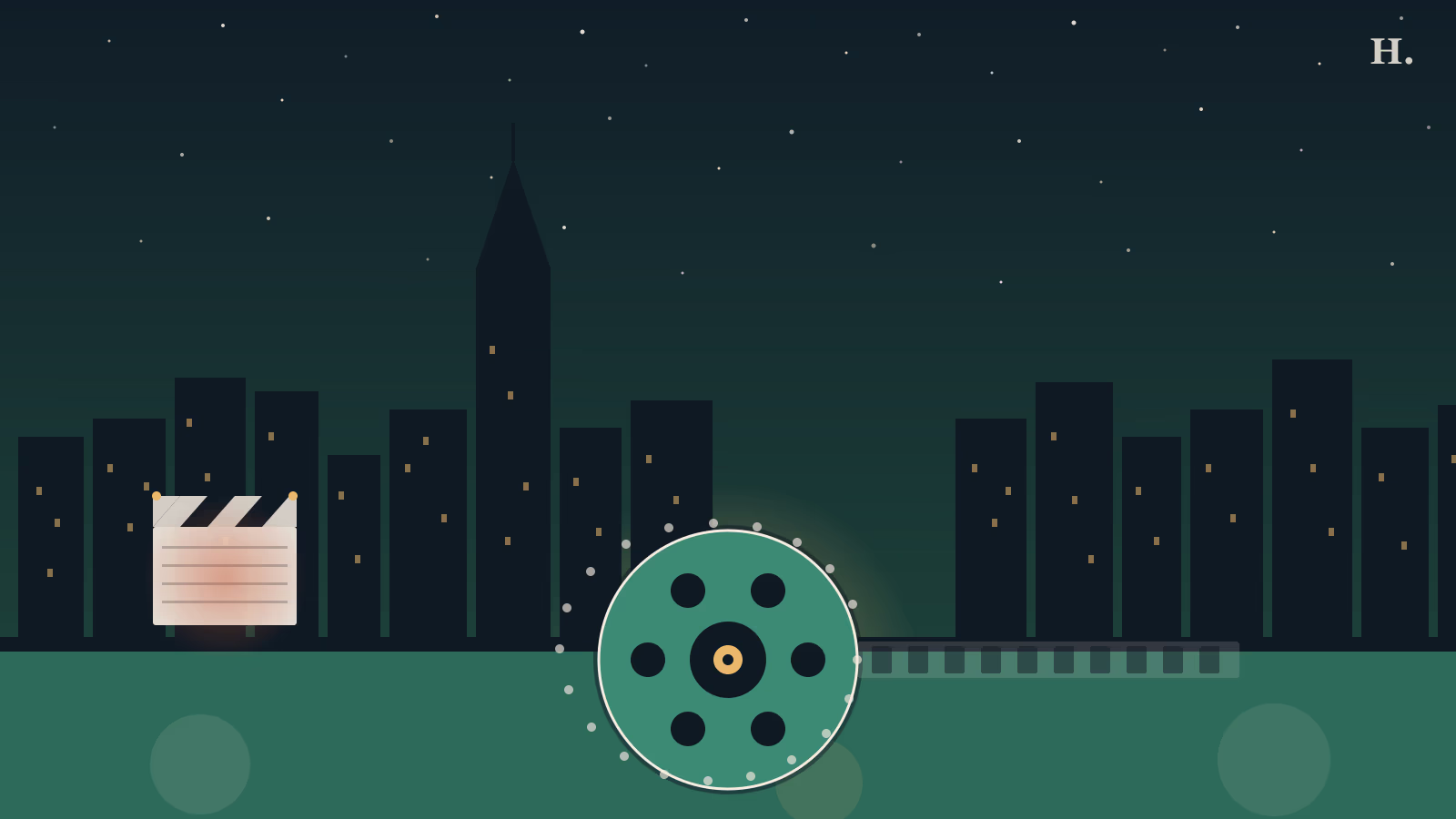 Movies filmed in Houston illustration: film reel and clapperboard against the city skyline at night