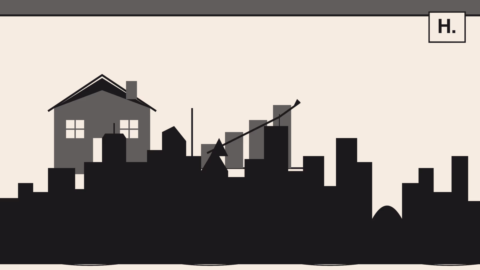 Museum District Houston real estate illustration with home and price chart over Downtown skyline