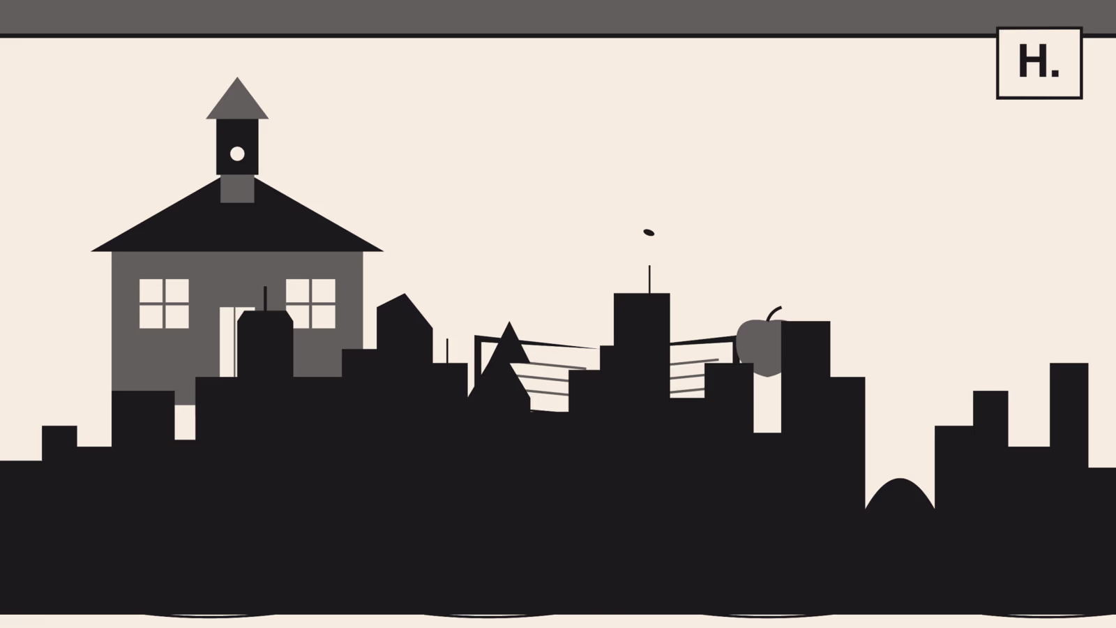 Schools in the Museum District Houston illustration with HISD schoolhouse, open book, and apple