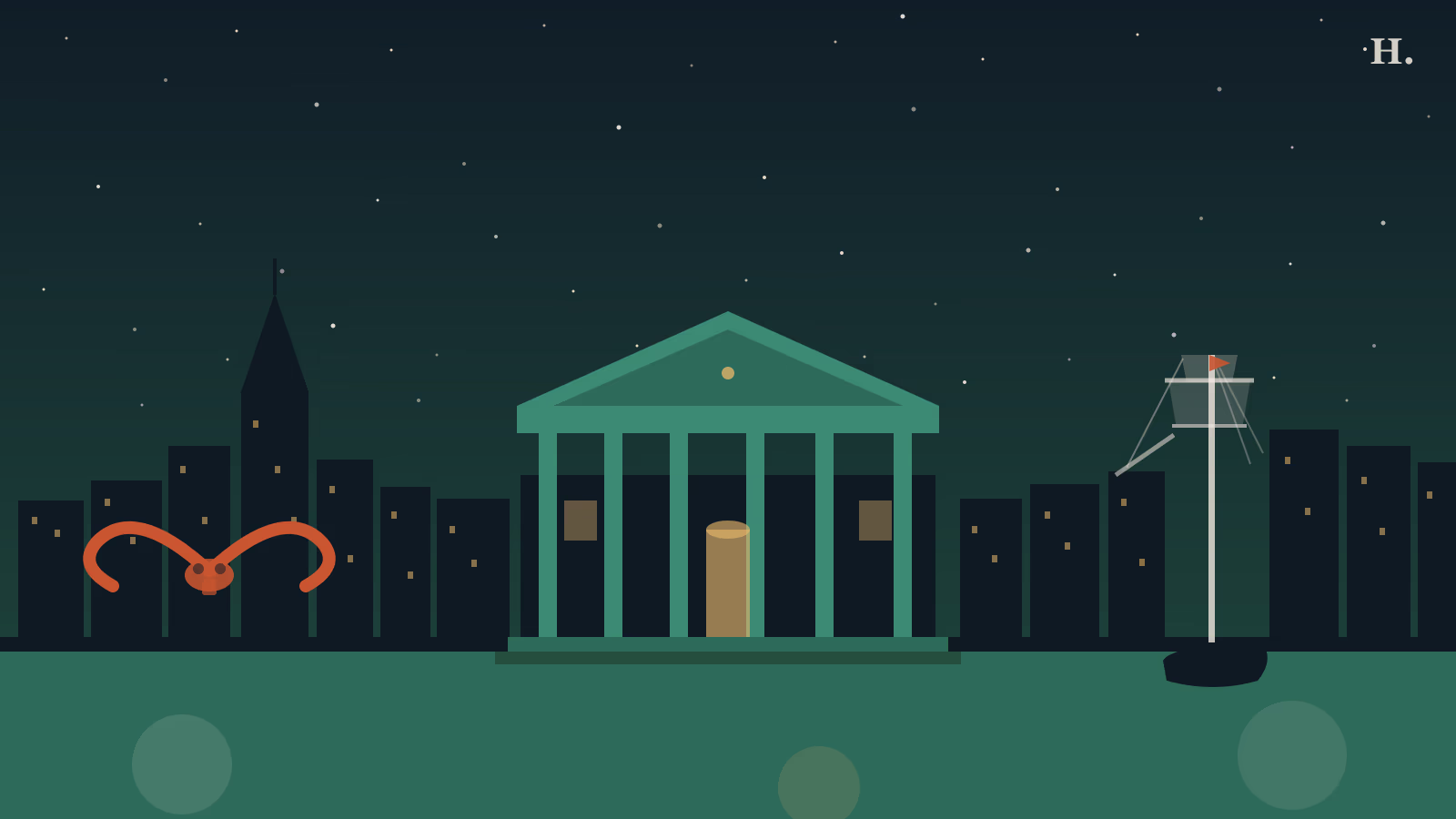 Museums near Houston illustration: museum columns, longhorn horns, tall ship mast, night skyline
