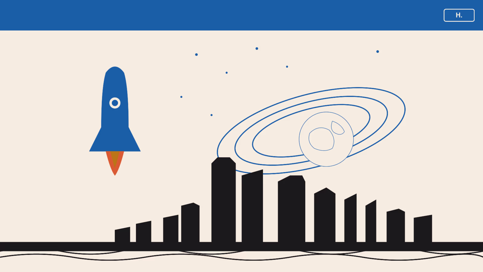 Stylized rocket lifting off beside Earth and orbit rings over the Houston skyline, illustrating the NASA Johnson Space Center guide.