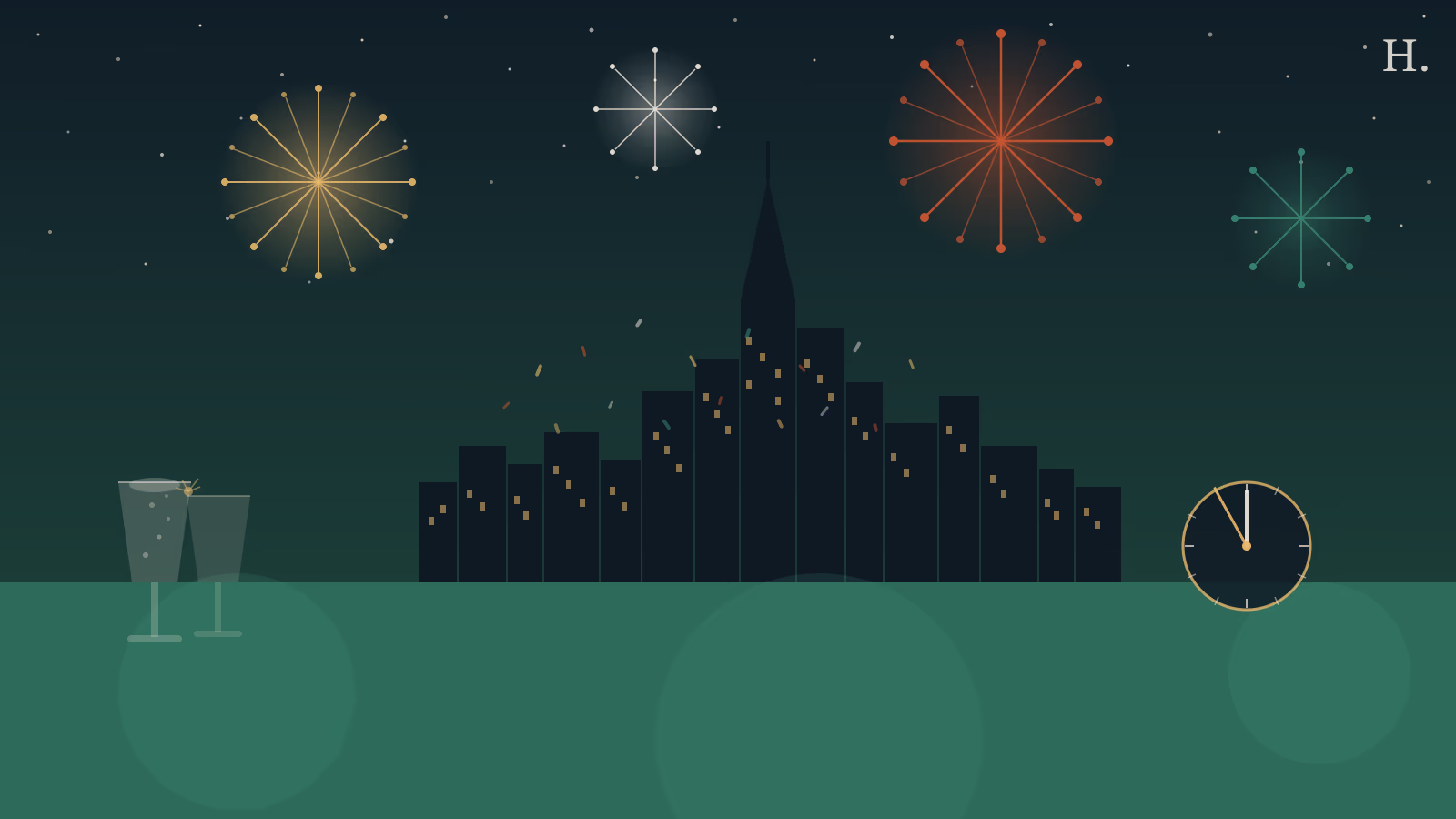 New Year's Eve in Houston illustration: fireworks over downtown skyline with champagne glass silhouette
