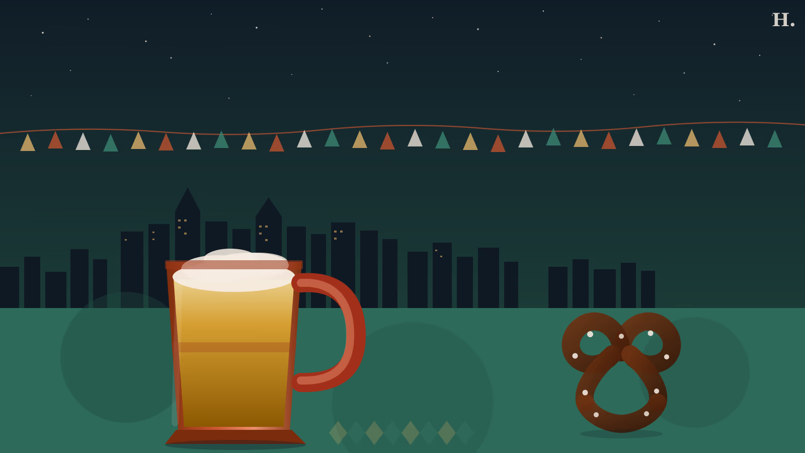 Oktoberfest Houston illustration with beer stein, pretzel, Bavarian pennants and Houston skyline at night