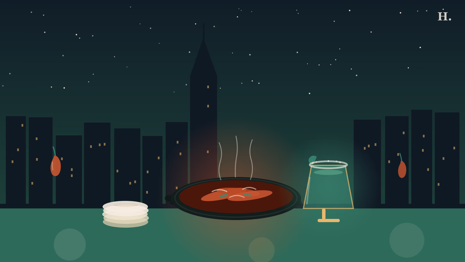 Old school Tex-Mex Houston illustration: sizzling cast-iron fajita skillet, margarita glass, and flour tortilla stack against the Houston skyline at night