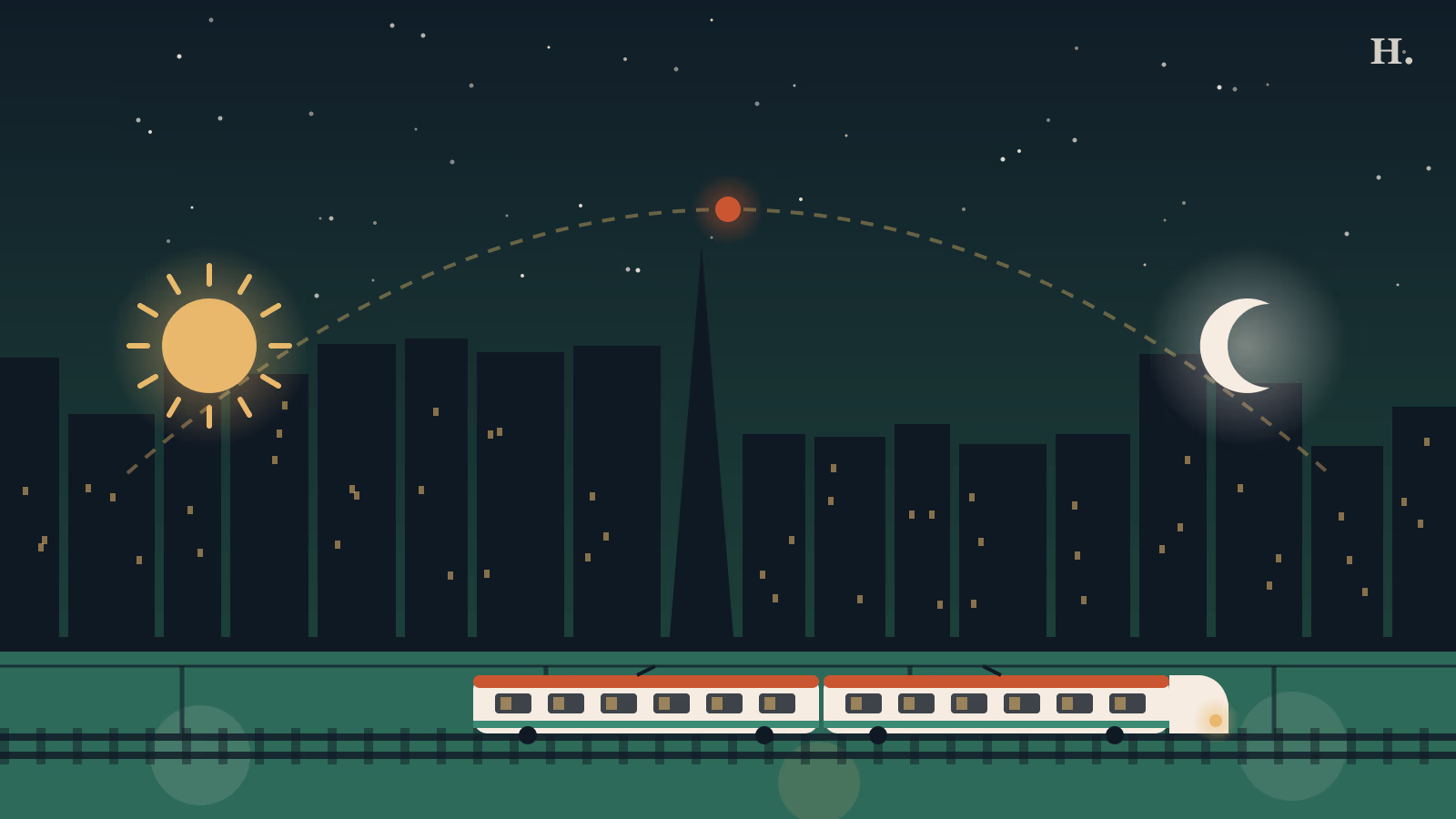Illustration of a METRORail train under a sun-to-moon arc over the skyline for one day in Houston