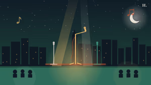Open mic Houston night with three microphone stands under stage spotlights and Houston skyline