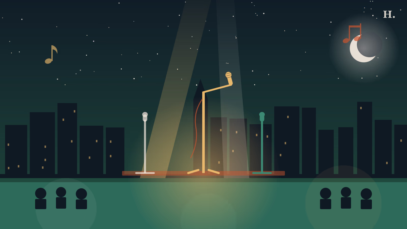 Open mic Houston night with three microphone stands under stage spotlights and Houston skyline
