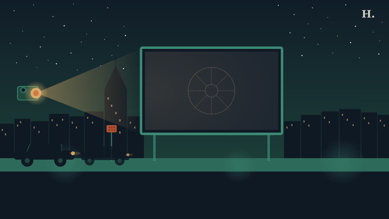 Rooftop cinema Houston outdoor movie screen with projection beam and drive-in cars under night sky